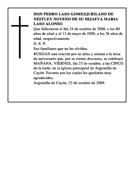 DON PEDRO LASO GOMEZJUBILADO DE NESTLEY NOVENO DE SU HIJAEVA MARIA LASO ALONSO