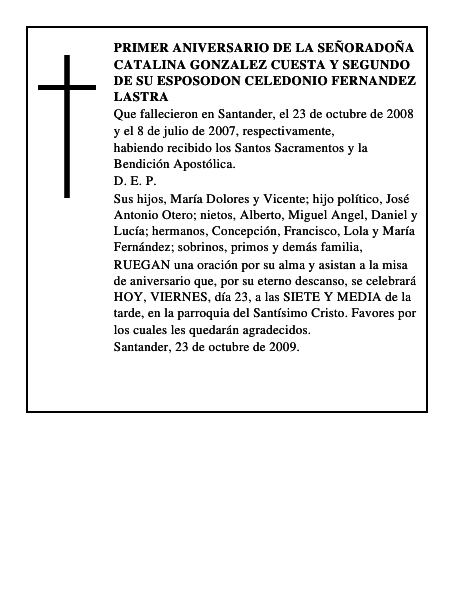 PRIMER ANIVERSARIO DE LA SEÑORADOÑA CATALINA GONZALEZ CUESTA Y SEGUNDO DE SU ESPOSOD