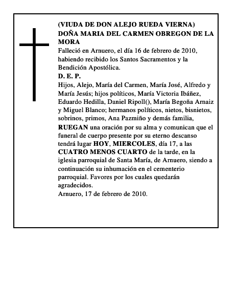 DOÑA MARIA DEL CARMEN OBREGON DE LA MORA