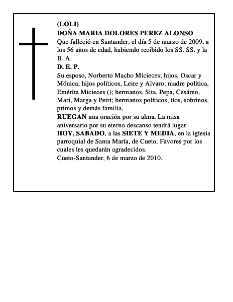 DOÑA MARIA DOLORES PEREZ ALONSO