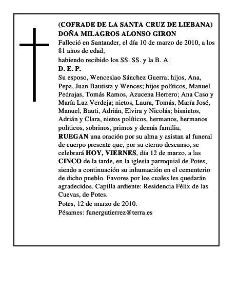 DOÑA MILAGROS ALONSO GIRON