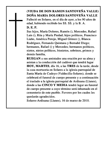DOÑA MARIA DOLORES SANTOVEÑA VALLE