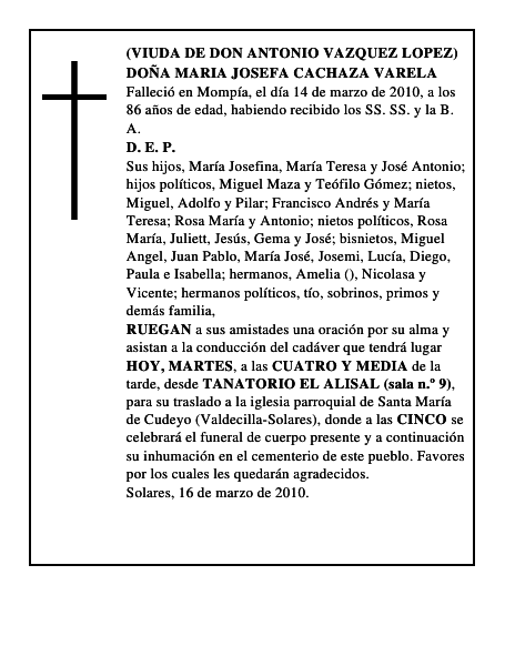 DOÑA MARIA JOSEFA CACHAZA VARELA