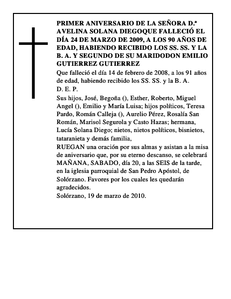 PRIMER ANIVERSARIO DE LA SEÑORA D.ª AVELINA SOLANA DIEGOQue falleció el dí
