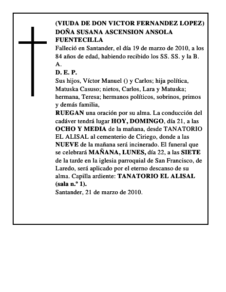 DOÑA SUSANA ASCENSION ANSOLA FUENTECILLA