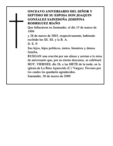 ONCEAVO ANIVERSARIO DEL SEÑOR Y SEPTIMO DE SU ESPOSA DON JOAQUIN GONZALEZ SAINZDOÑA