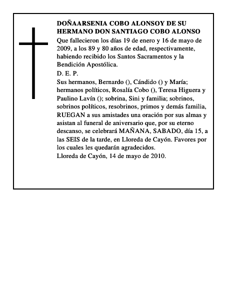 DOÑAARSENIA COBO ALONSOY DE SU HERMANO DON SANTIAGO COBO ALONSO