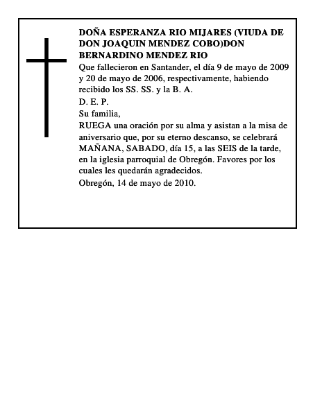 DOÑA ESPERANZA RIO MIJARES (VIUDA DE DON JOAQUIN MENDEZ COBO)DON BERNARDINO MENDEZ RIO