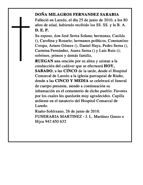 DOÑA MILAGROS FERNANDEZ SARABIA
