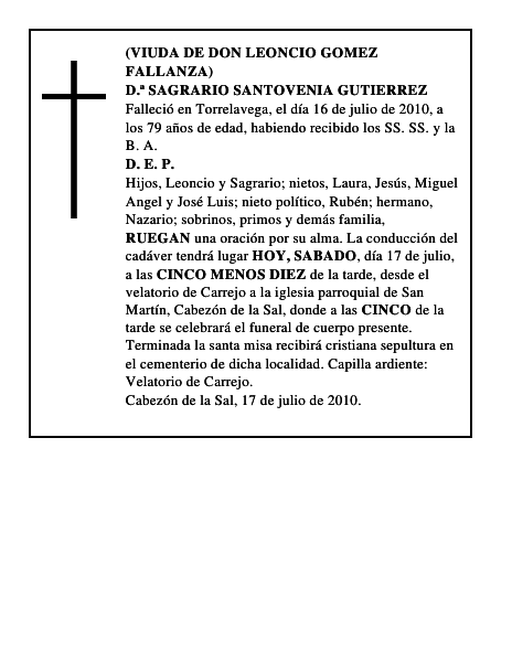 D.ª SAGRARIO SANTOVENIA GUTIERREZ