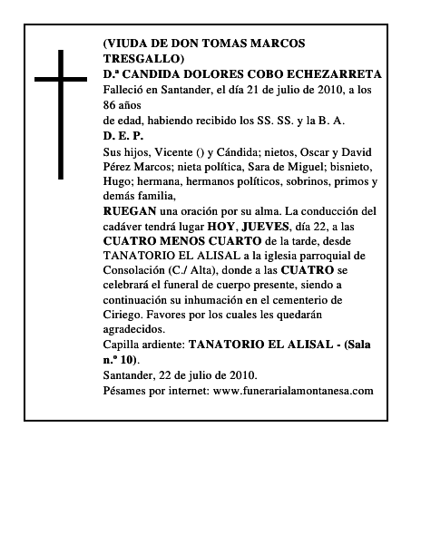D.ª CANDIDA DOLORES COBO ECHEZARRETA