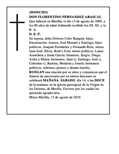 PRIMER ANIVERSARIO DEL SEÑORDON FELIPE MONTE GOMEZY SEPTIMO DE SU HIJA LA JOVENMARIA DEL