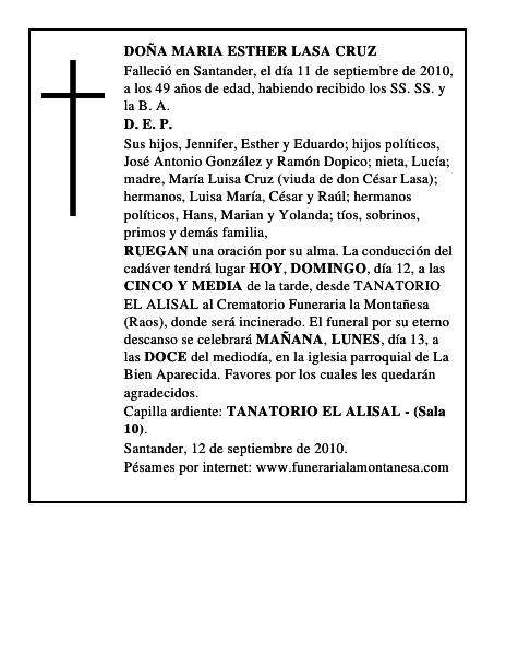 DOÑA MARIA ESTHER LASA CRUZ