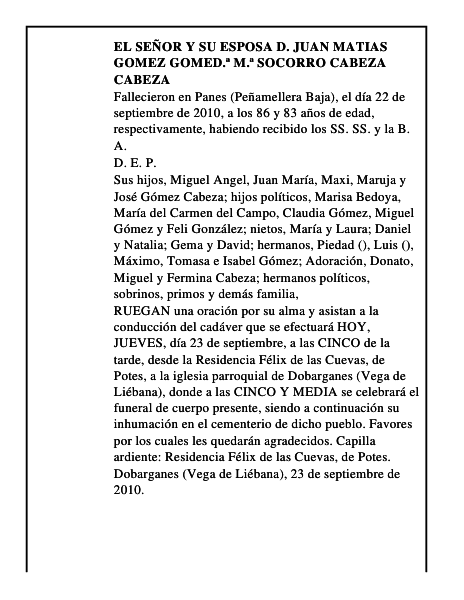 EL SEÑOR Y SU ESPOSA D. JUAN MATIAS GOMEZ GOMED.ª M.ª SOCORRO CABEZA CABEZA