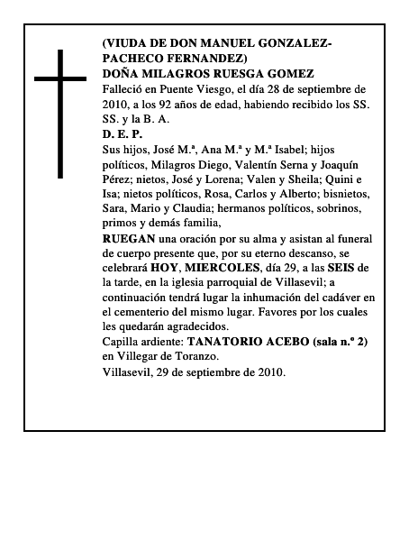DOÑA MILAGROS RUESGA GOMEZ