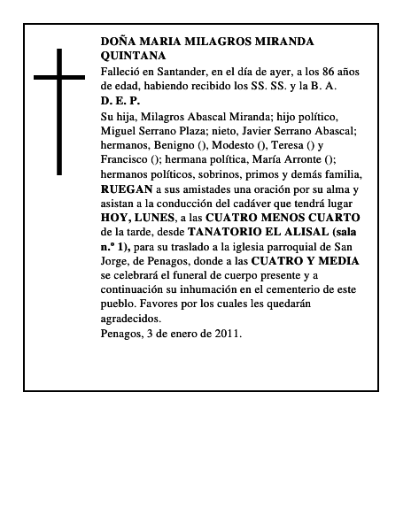 DOÑA MARIA MILAGROS MIRANDA QUINTANA