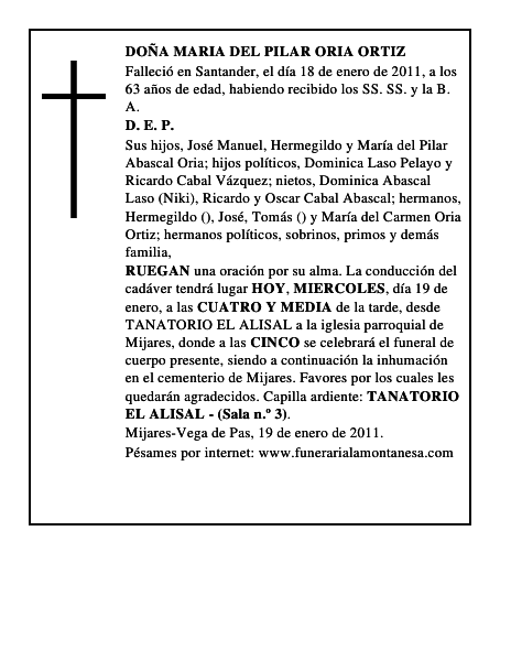 DOÑA MARIA DEL PILAR ORIA ORTIZ
