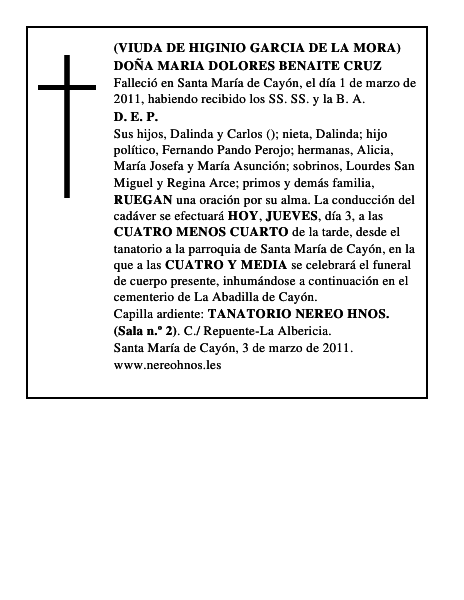 DOÑA MARIA DOLORES BENAITE CRUZ