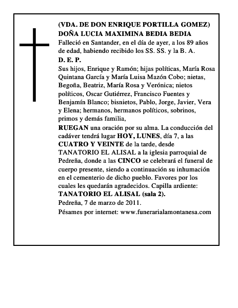 DOÑA LUCIA MAXIMINA BEDIA BEDIA