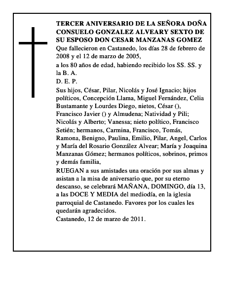 TERCER ANIVERSARIO DE LA SEÑORA DOÑA CONSUELO GONZALEZ ALVEARY SEXTO DE SU ESPOSO DON CESAR MANZANAS GOMEZ