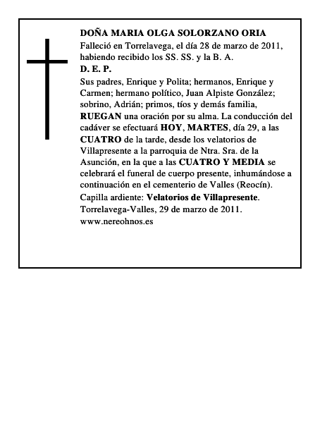 DOÑA MARIA OLGA SOLORZANO ORIA
