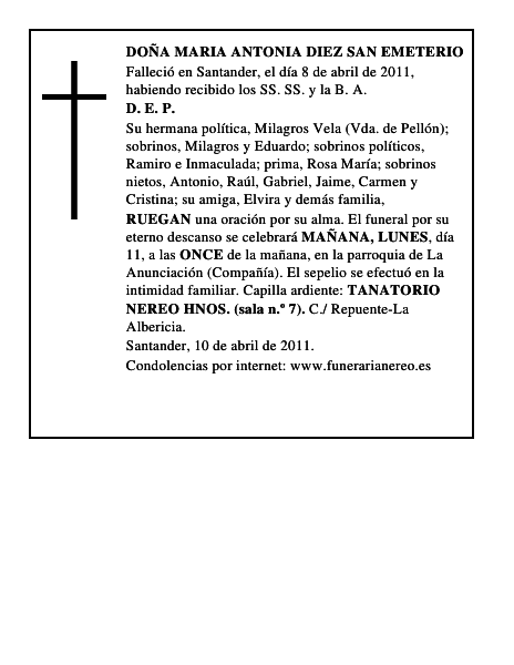 DOÑA MARIA ANTONIA DIEZ SAN EMETERIO