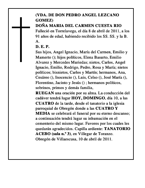 DOÑA MARIA DEL CARMEN CUESTA RIO