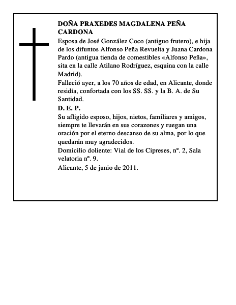 DOÑA PRAXEDES MAGDALENA PEÑA CARDONA