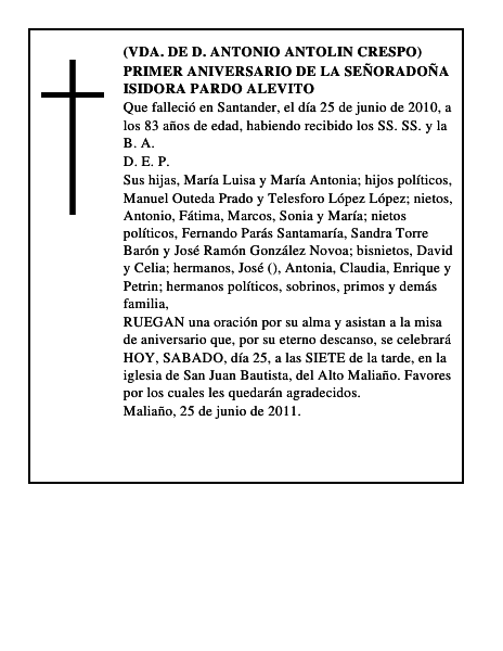 PRIMER ANIVERSARIO DE LA SEÑORADOÑA ISIDORA PARDO ALEVITO