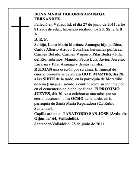 DOÑA MARIA DOLORES ARANAGA FERNANDEZ
