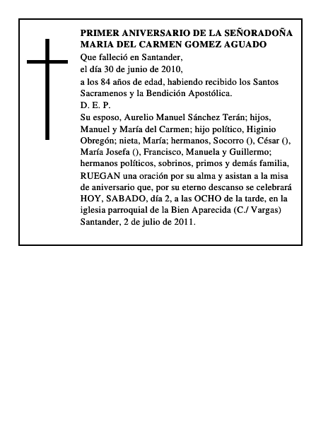 PRIMER ANIVERSARIO DE LA SEÑORADOÑA MARIA DEL CARMEN GOMEZ AGUADO