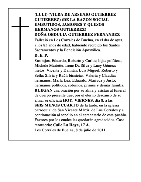 DOÑA OBDULIA GUTIERREZ FERNANDEZ