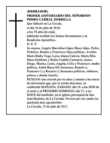 PRIMER ANIVERSARIO DEL SEÑORDON PEDRO CARRAL ZORRILLA