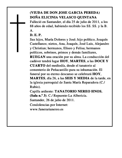DOÑA ELICINIA VELASCO QUINTANA