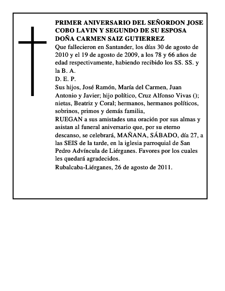 PRIMER ANIVERSARIO DEL SEÑORDON JOSE COBO LAVIN Y SEGUNDO DE SU ESPOSA DOÑA CARMEN SAIZ GUTIERREZ
