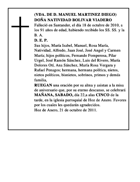 DOÑA NATIVIDAD BOLIVAR VIADERO