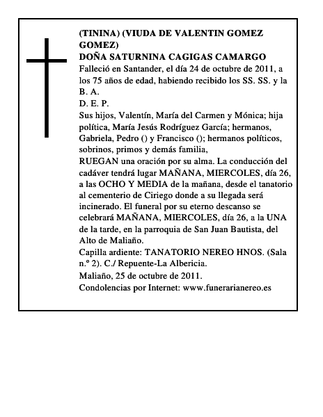 DOÑA SATURNINA CAGIGAS CAMARGO