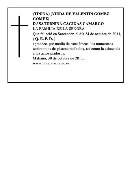 D.ª SATURNINA CAGIGAS CAMARGO