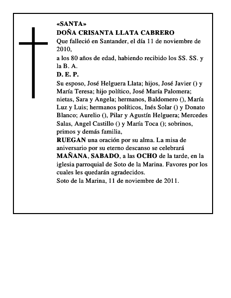 DOÑA CRISANTA LLATA CABRERO