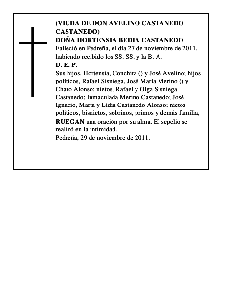 DOÑA HORTENSIA BEDIA CASTANEDO
