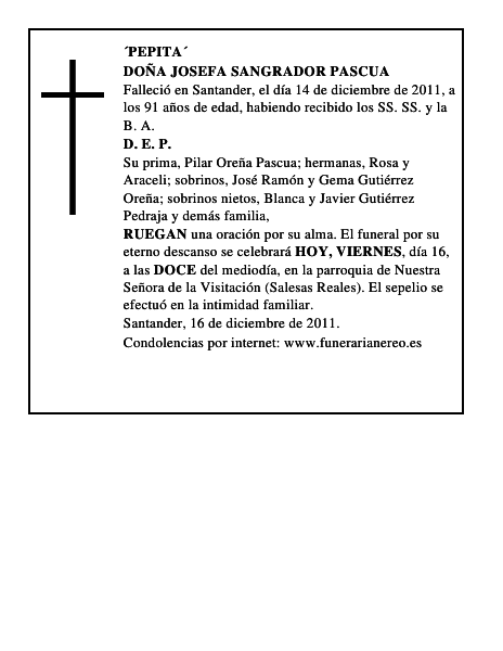 DOÑA JOSEFA SANGRADOR PASCUA