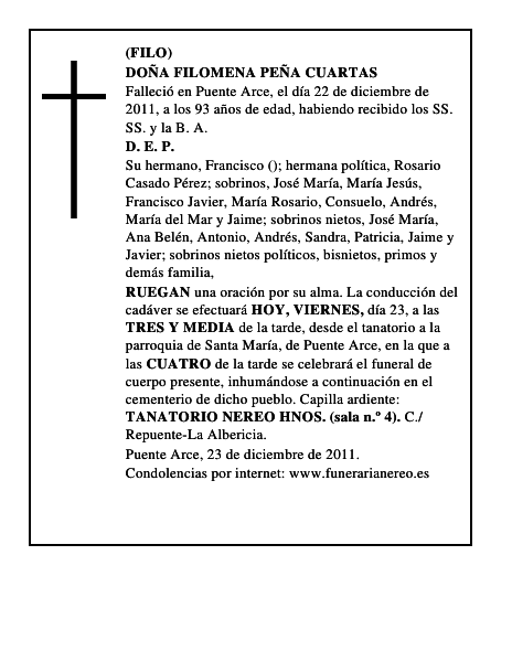 DOÑA FILOMENA PEÑA CUARTAS
