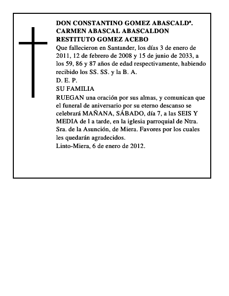 DON CONSTANTINO GOMEZ ABASCALDª. CARMEN ABASCAL ABASCALDON RESTITUTO GOMEZ ACEBO