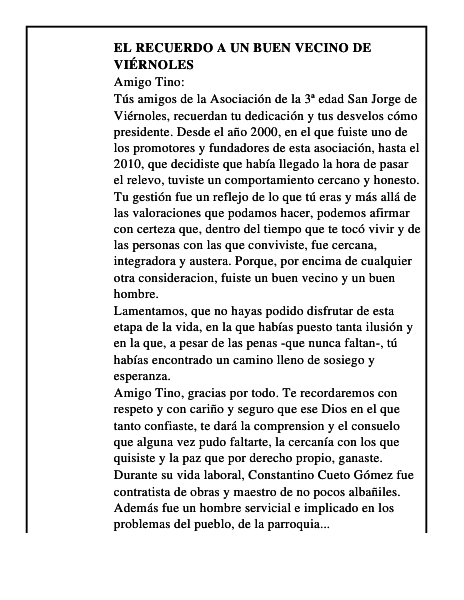 El recuerdo a un buen vecino de Viérnoles
