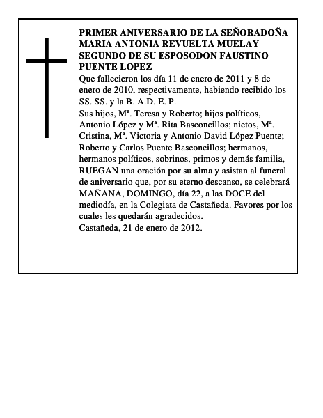 PRIMER ANIVERSARIO DE LA SEÑORADOÑA MARIA ANTONIA REVUELTA MUELAY SEGUNDO DE SU ESPOSODON FAUSTINO PUENTE LOPEZ