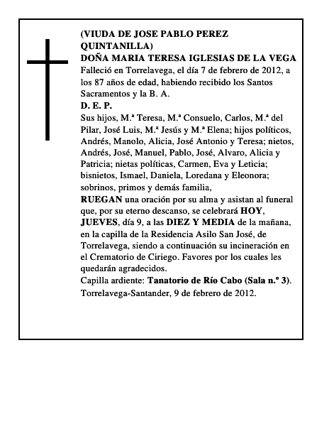 DOÑA MARIA TERESA IGLESIAS DE LA VEGA