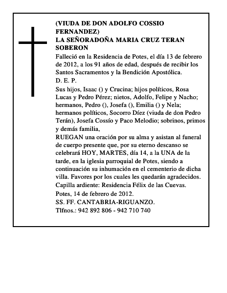 LA SEÑORADOÑA MARIA CRUZ TERAN SOBERON