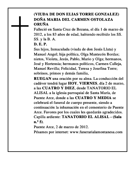 DOÑA MARIA DEL CARMEN OSTOLAZA ORUÑA