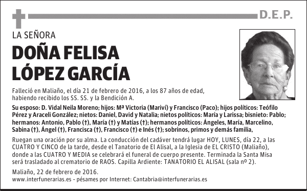 DOÑA FELISA LÓPEZ GARCÍA