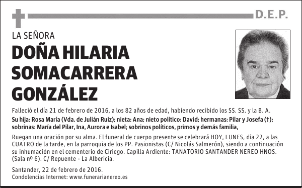 DOÑA HILARIA SOMACARRERA GONZÁLEZ